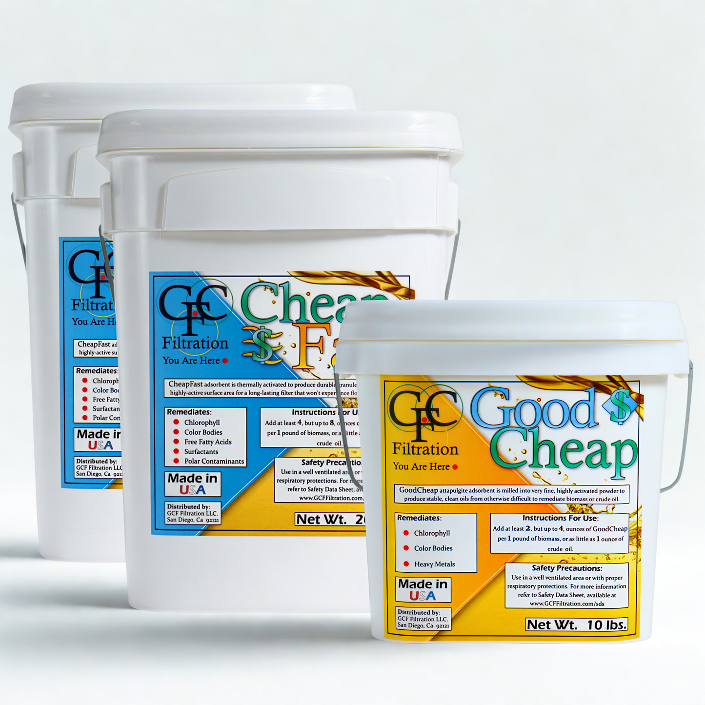 Three white buckets with 'Good Cheap Filtration' labels on a white background
