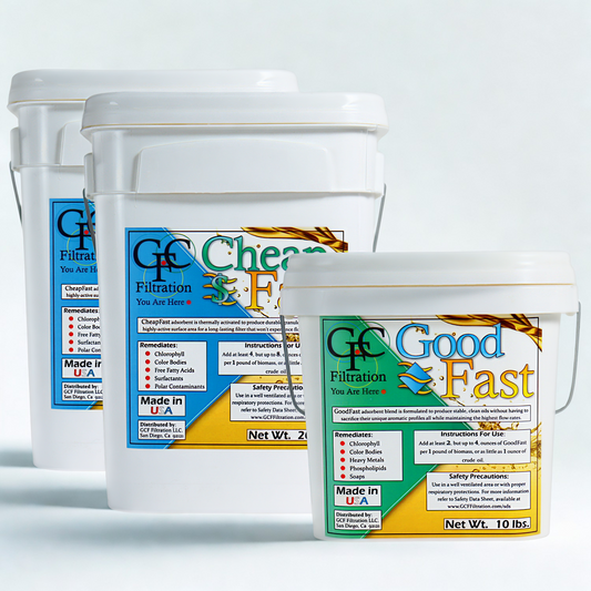 Three white buckets with Good Fast Filtration labels on a white background